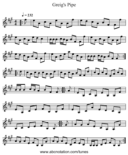 Greig's Pipe - staff notation
