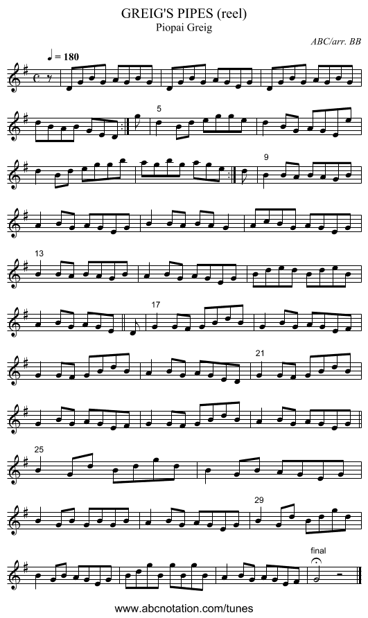 GREIG'S PIPES (reel) - staff notation