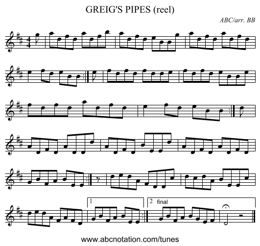 GREIG'S PIPES (reel) - staff notation