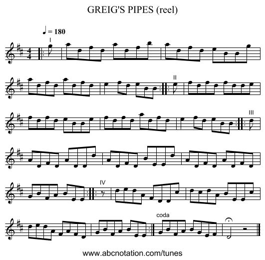 GREIG'S PIPES (reel) - staff notation