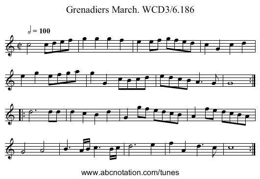 Grenadiers March. WCD3/6.186 - staff notation