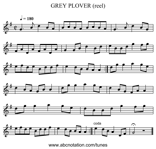 GREY PLOVER (reel) - staff notation