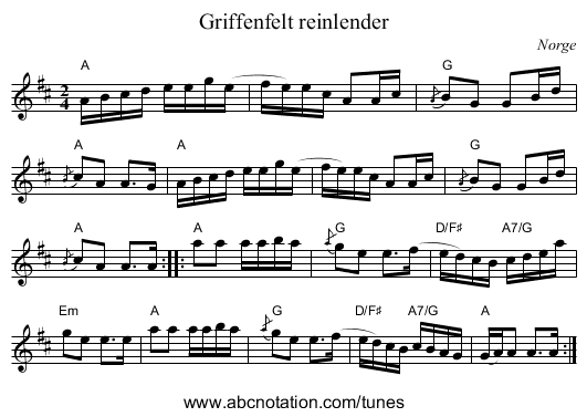 Griffenfelt reinlender - staff notation