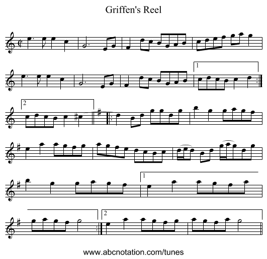 Griffen's Reel - staff notation