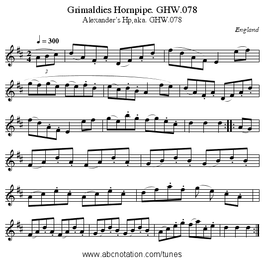 Grimaldies Hornpipe. GHW.078 - staff notation