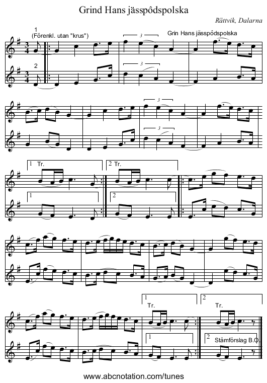 Grind Hans jässpôdspolska - staff notation