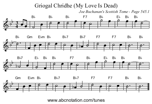 Griogal Chridhe (My Love Is Dead) - staff notation