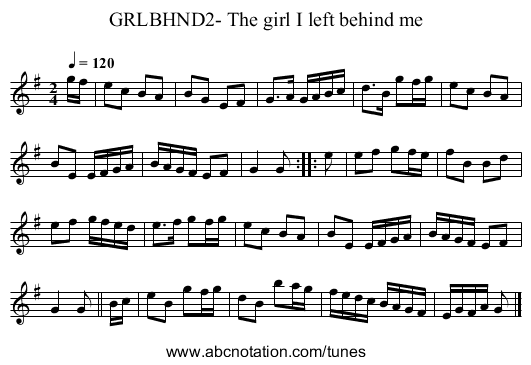 GRLBHND2- The girl I left behind me - staff notation