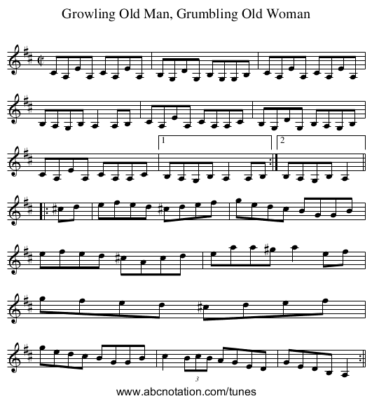 Growling Old Man, Grumbling Old Woman - staff notation