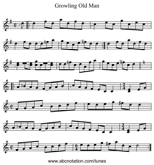 Growling Old Man - staff notation