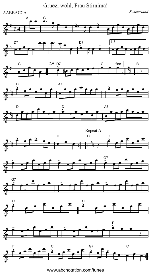 Gruezi wohl, Frau Stirnima! - staff notation