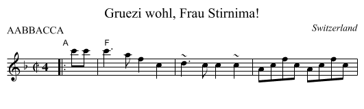 Gruezi wohl, Frau Stirnima! - staff notation