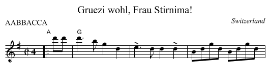 Gruezi wohl, Frau Stirnima! - staff notation