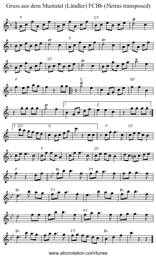 Gruss aus dem Muotatal (L&auml;ndler) FCBb (5letras transposed) - staff notation
