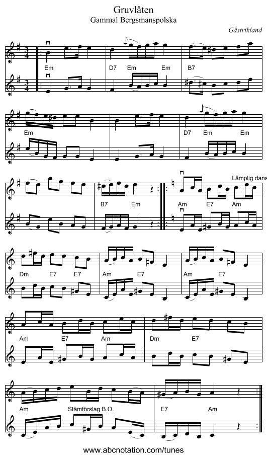 Gruvlåten - staff notation