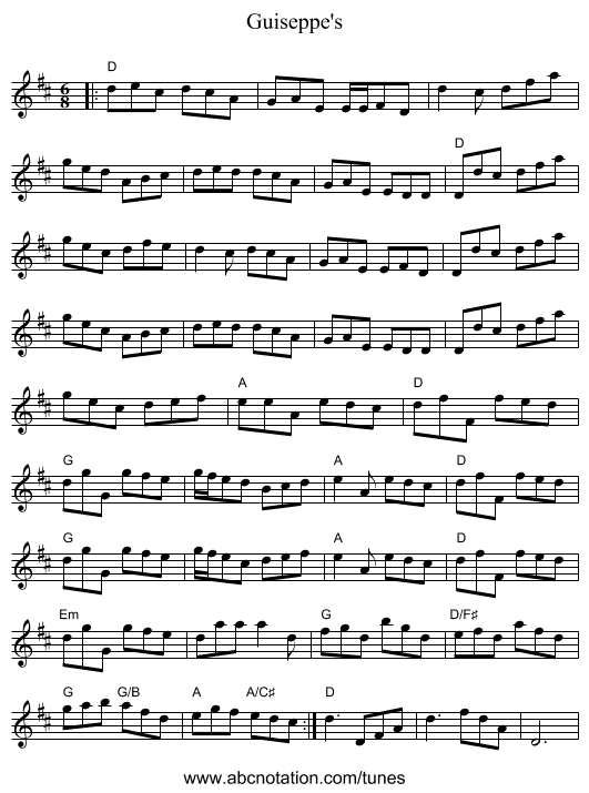 Guiseppe's - staff notation