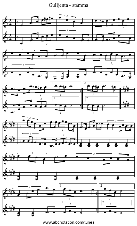 Gulljenta - stämma - staff notation