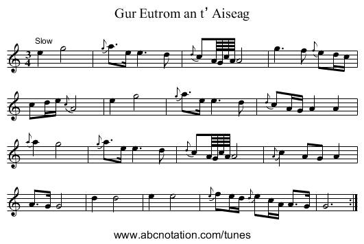 Gur Eutrom an t’ Aiseag - staff notation