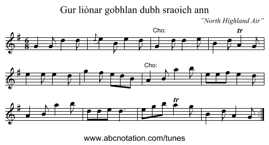 Gur liònar gobhlan dubh sraoich ann - staff notation