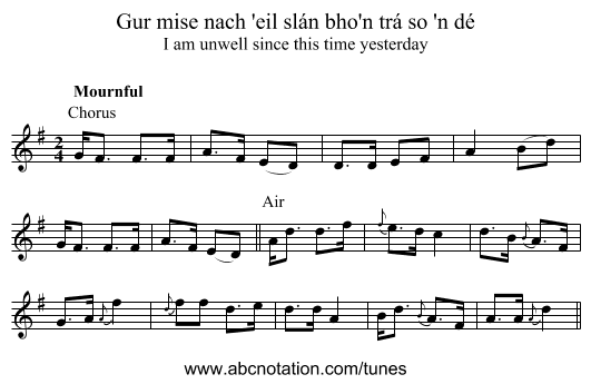 Gur mise nach 'eil slán bho'n trá so 'n dé - staff notation