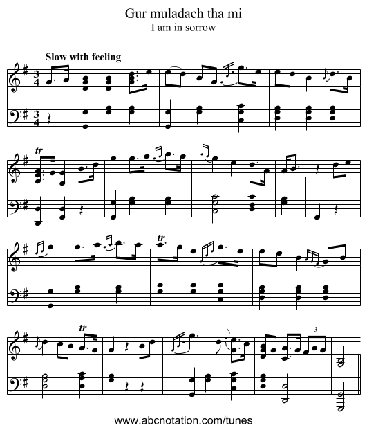 Gur muladach tha mi - staff notation