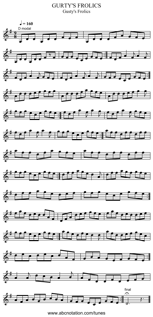 GURTY'S FROLICS - staff notation