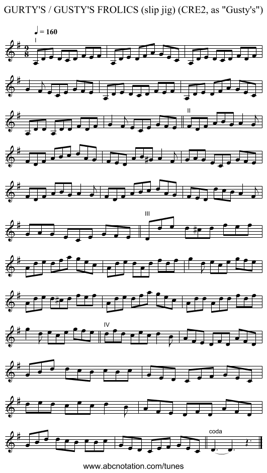 GURTY'S / GUSTY'S FROLICS (slip jig) (CRE2, as Gusty's) - staff notation