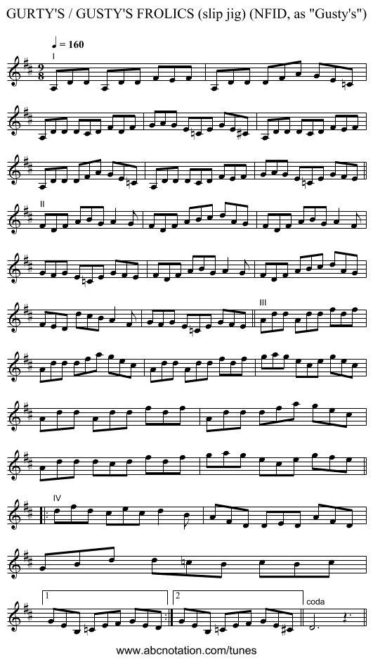 GURTY'S / GUSTY'S FROLICS (slip jig) (NFID, as Gusty's) - staff notation