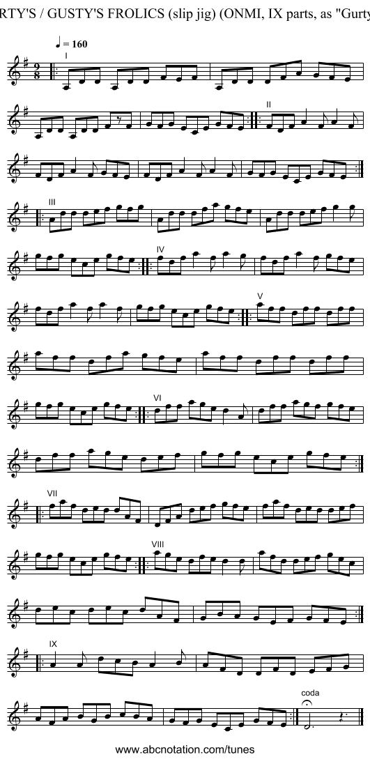 GURTY'S / GUSTY'S FROLICS (slip jig) (ONMI, IX parts, as Gurty's) - staff notation