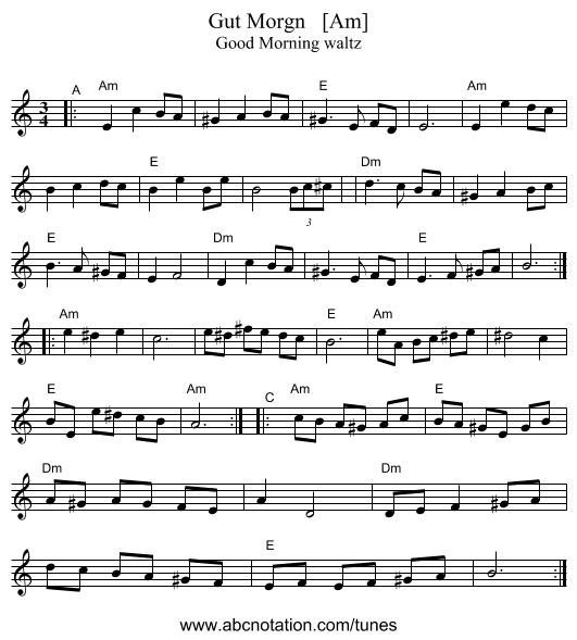 Gut Morgn   [Am] - staff notation