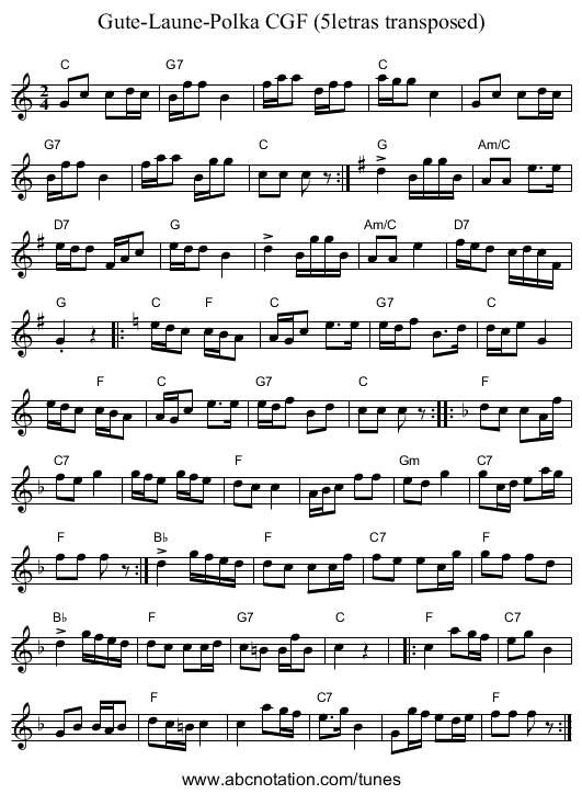 Gute-Laune-Polka CGF (5letras transposed) - staff notation