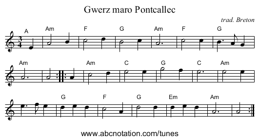Gwerz maro Pontcallec - staff notation