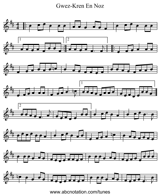 Gwez-Kren En Noz - staff notation