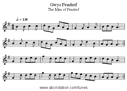Gwyr Pendref - staff notation