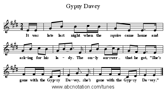 Gypsy Davey - staff notation