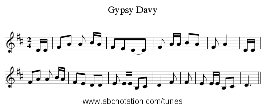 Gypsy Davy - staff notation