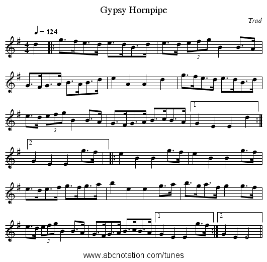Gypsy Hornpipe - staff notation