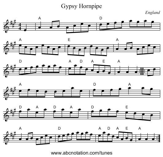 Gypsy Hornpipe - staff notation