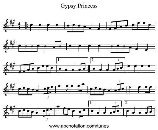 Gypsy Princess - staff notation
