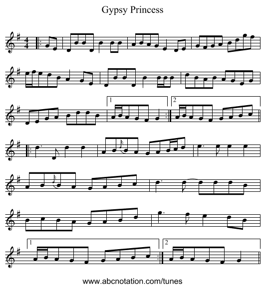 Gypsy Princess - staff notation