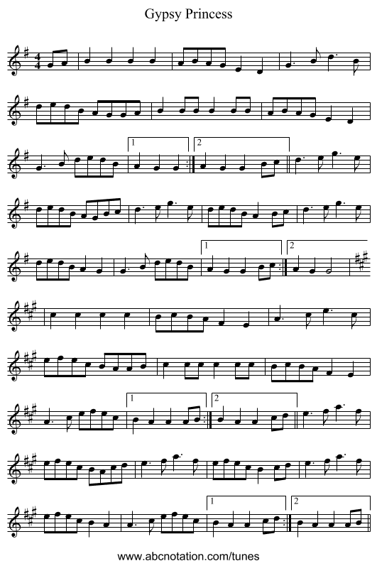 Gypsy Princess - staff notation