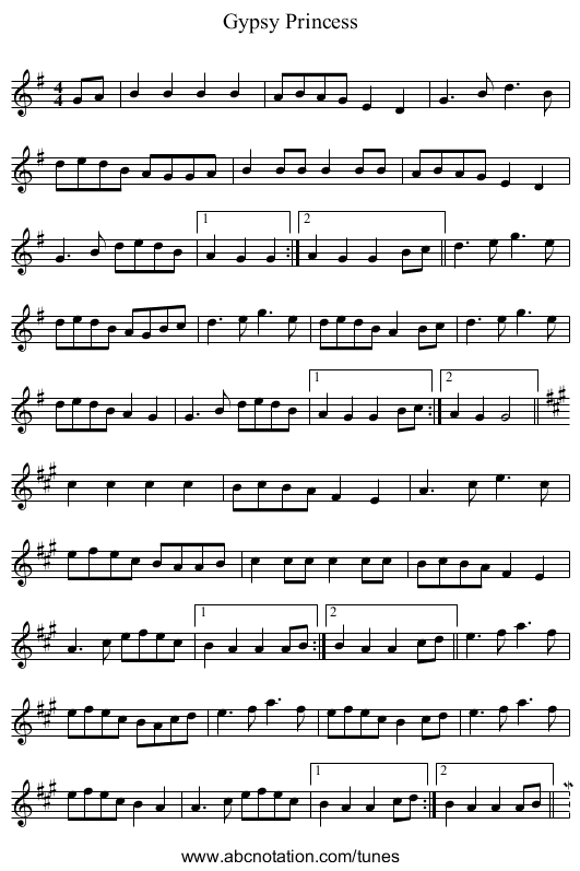 Gypsy Princess - staff notation