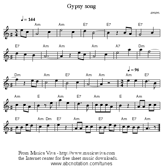 Gypsy song - staff notation