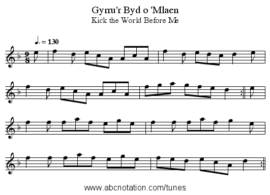 Gyrru'r Byd o 'Mlaen - staff notation