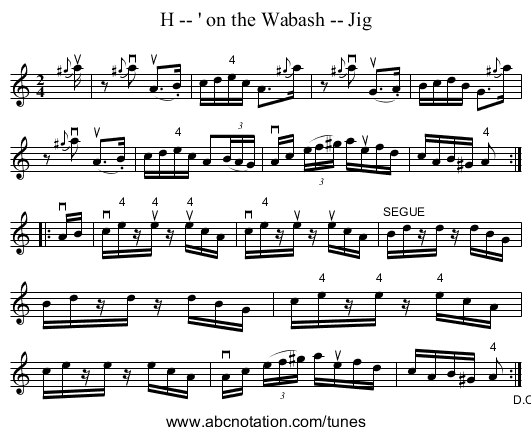 H -- ' on the Wabash -- Jig - staff notation