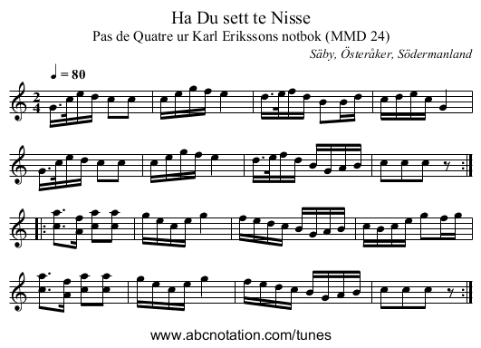 Ha Du sett te Nisse - staff notation
