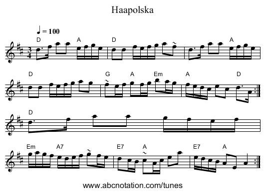 Haapolska - staff notation