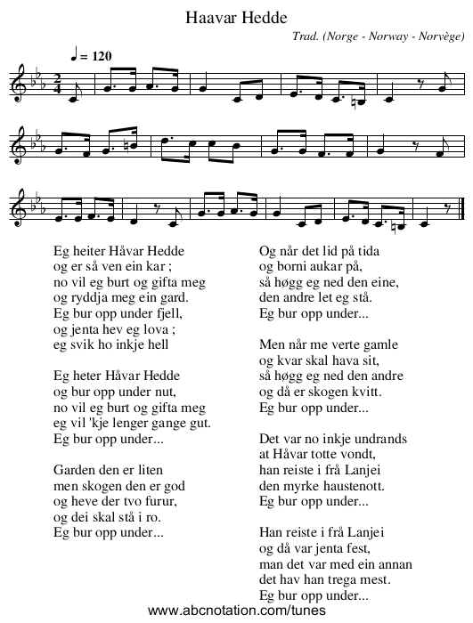 Haavar Hedde - staff notation