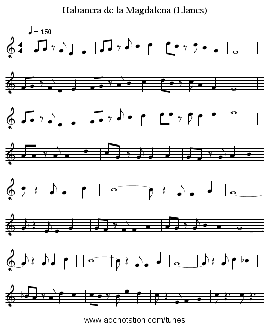 Habanera de la Magdalena (Llanes) - staff notation