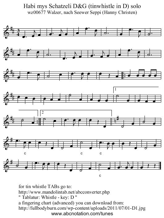 Habi mys Schatzeli D&G (tinwhistle in D) solo - staff notation